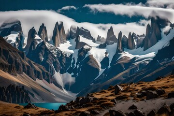 a lifelike depiction of the a mountain range, highlighting the sheer cliffs and glaciers - AI Generative - obrazy, fototapety, plakaty