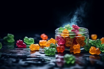 Colorful gummy bears and weed buds on a dark background, representing cannabis edibles and infused gummies. Generative AI - obrazy, fototapety, plakaty