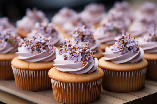 Cupcakes adorned with delicate edible flowers and floral designs, embodying a sense of beauty and refinement | ACTORS: Floral Cupcakes | LOCATION TYPE: Garden | CAMERA MODEL: Nikon Z7 | CAMERA LENS: 1