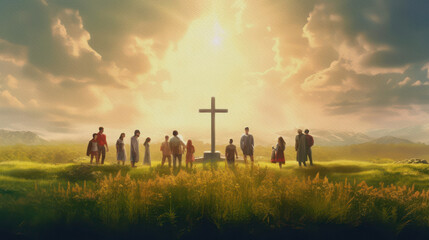 Group around cross, Christian fellowship, christian concept, generative ai