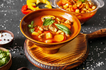 Bowl of tasty beef stew on black background