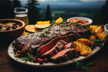 A hiker's campsite in the wilderness, where a steak is being grilled over a portable stove, providing a delicious and energizing meal after a long day of hiking | ACTORS: Steak in the Wild | LOCATION