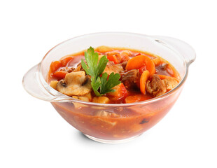 Pot of tasty beef stew on white background