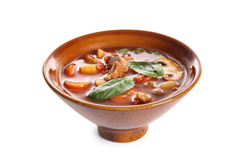 Bowl of tasty beef stew on white background