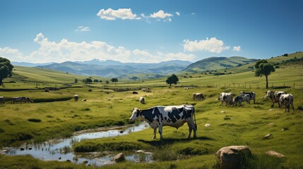 Obraz premium Cows graze in a green field with a cattle farm in the background