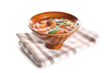 Bowl of tasty beef stew on white background