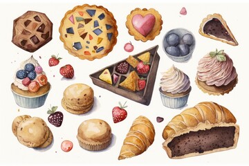 Hand drawn vector illustration of a set of various cakes and pastries