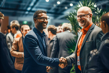 A powerful handshake exchanged at a professional networking event. - obrazy, fototapety, plakaty