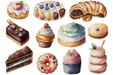 Watercolor set of different cakes. Hand drawn illustration isolated on white background