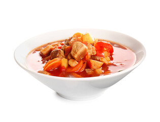 Bowl of tasty beef stew on white background