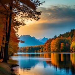 "Herbstliche Pracht in Ultra HD: Ein hyper-realistischer Sonnenuntergang über einem glitzernden See, umgeben von leuchtendem Laub, eindrucksvollen Farben und natürlicher Schönheit."