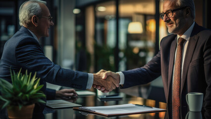 A handshake between a financial advisor and a client in an upscale financial office.