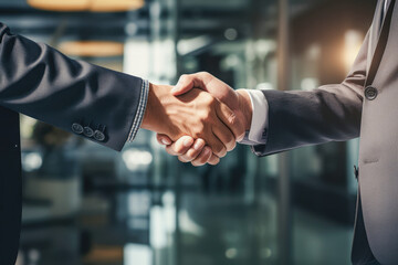 Business partners exchange a handshake in a financial office
