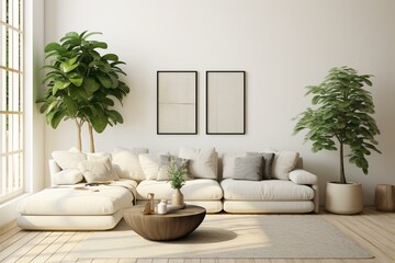 Simple contemporary living space with white walls, grey accents, and lush green plants. Generative AI