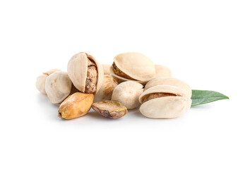Heap of tasty pistachio nuts on white background