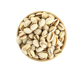 Bowl with tasty pistachio nuts on white background