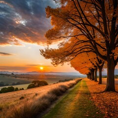 "Herbstliche Pracht in Ultra HD: Ein hyper-realistischer Sonnenuntergang zwischen majestätischen Bäumen, umgeben von leuchtendem Laub, eindrucksvollen Farben und natürlicher Schönheit."