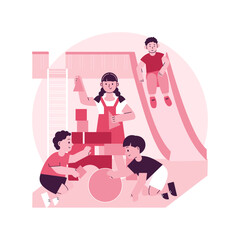 Child friendly area abstract concept vector illustration. Kid friendly area, welcome with children, family restaurant dining, entertainment service, shopping center playground abstract metaphor.