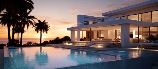 Fototapeta premium Villa with swimming pool at sunset Extrovert style
