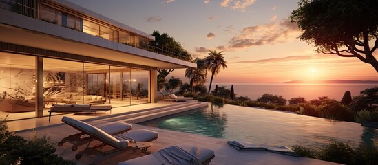 Villa with swimming pool at sunset Extrovert style - obrazy, fototapety, plakaty