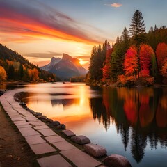 "Herbstliche Pracht in Ultra HD: Hyper-realistischer Sonnenuntergang, mit leuchtendem Laub, eindrucksvollen Farben und natürlicher Schönheit."