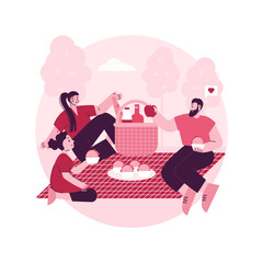 Summer picnic abstract concept vector illustration. Summer weekend activity, leisure time spending, cooking out supplies, picnic basket, family eating outdoors, park, snack idea abstract metaphor.