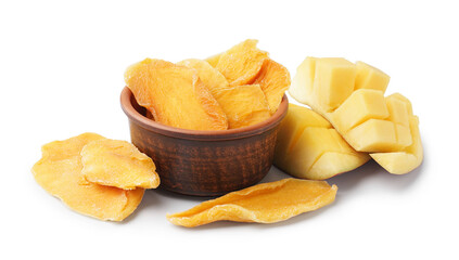 Bowl with slices of dried mango on white background