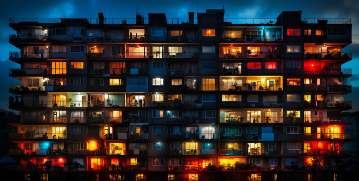 Captivating scene of illuminated residential building at night, exuding warmth through open windows. Perfect image highlighting nocturnal city life and architecture.