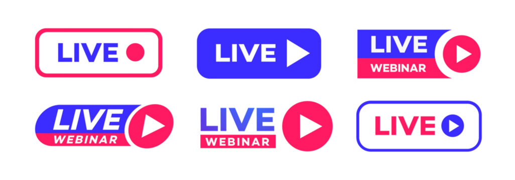 Webinar live emblem set isolated on white background for promo, social media marketing, information share reference advice or suggestion, media post, app network. Vector 10 eps