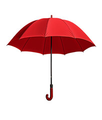 A vibrant red umbrella suspended from a hook against a neutral gray wall
