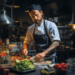 A professional chef in a chef's hat cooks in the kitchen, emotions of pleasure, bright kitchen, concept: the profession of a cook, cooking and food preparation training courses.