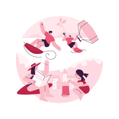 Summer beach activities abstract concept vector illustration. Beach club activities, family vacation, volleyball, jet ski rental, surfing and diving classes, lounge service abstract metaphor.