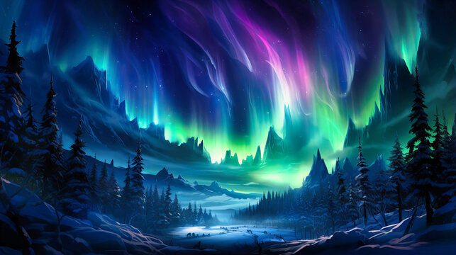 Auroras paint the night sky, casting a glow on snowdrifts below.