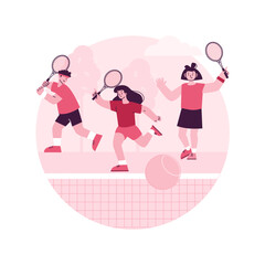 Tennis camp abstract concept vector illustration. Summer sport camp, tennis academy, junior training, kids specialty vacation program, physical activity, private instructor abstract metaphor.