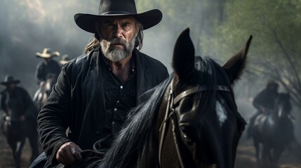 Cowboy man riding a black horse with a gray and black beard and wearing a black leather hat