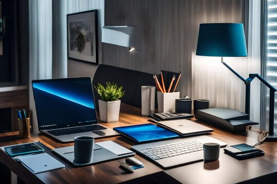 a perfect still life photograph of a well-organized home office desk with a modern laptop - AI Generative
