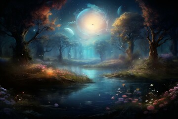 Obraz na płótnie Canvas Magical scene with woodland lake, rose garden, butterflies, and a shining moon ray in a mystery blue background. Generative AI
