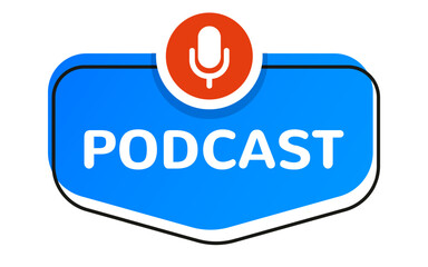 Podcast emblem with microphone isolated on background for promo, social media marketing, information share reference advice or suggestion, media post, app network. Vector 10 eps
