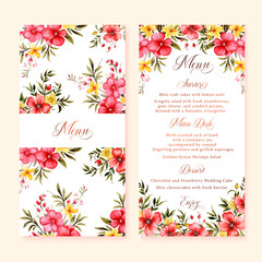 Watercolor floral wedding menu cards with red and yellow wild flowers, vector clipart.