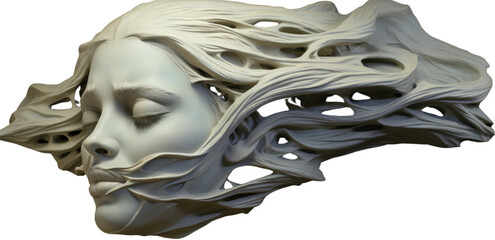 A beautiful white sculpture of a woman's head with flowing wavy hair