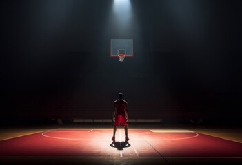 Back view of young male athlete standing in a basketball court in ray of spot light. - Powered by Adobe