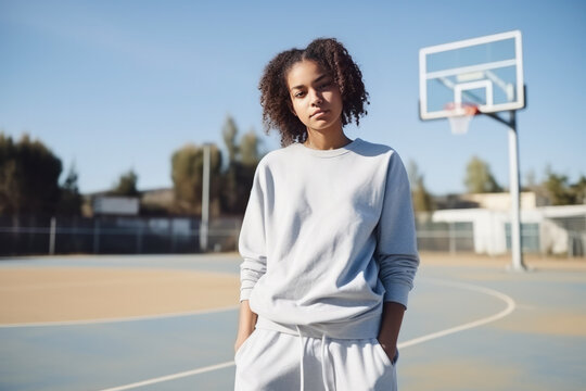 Young black female with afro hairstyle looking at camera while standing in basketball ground.