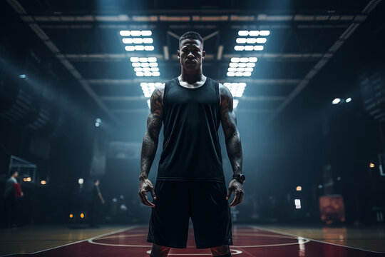 Young male athlete standing in a basketball court in backlight.
