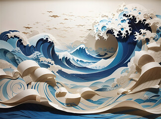storybook artwork paper texture paper layered art Giant Wave. 