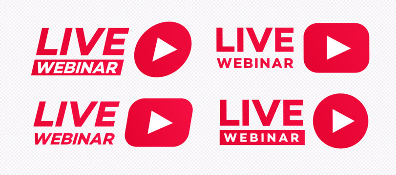 Webinar live emblem set flat style isolated on background for promo, social media marketing, information share reference advice or suggestion, media post, app network. Vector 10 eps