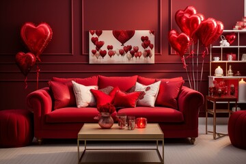 A room decorated with red sofa and Valentine's Day-themed accessories. Generative AI
