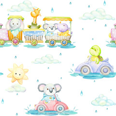 Elephant, giraffe, koala, rhinoceros, turtle, sun, train, car, sun, clouds, umbrella, rain, watercolor seamless pattern, cartoon style, on an isolated background.