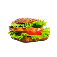 Sandwich with grain bread, ham and vegetables, green salad on a transparent background. Fast food. PNG. Side view.