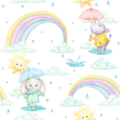 Elephant, rhinoceros, umbrella, Rainbow, clouds, rain, watercolor seamless pattern, cartoon style, on an isolated background.