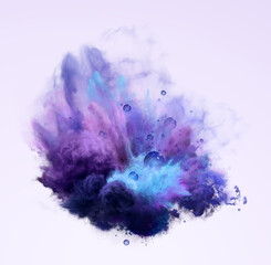 Fototapeta premium Blue, purple and aqua powder explosion and transparent blue bubbles